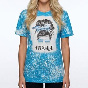 Beach Life Graphic Tee 2XL Blue Bleach Dye Handmade Short Sleeve T Shirt NWOT